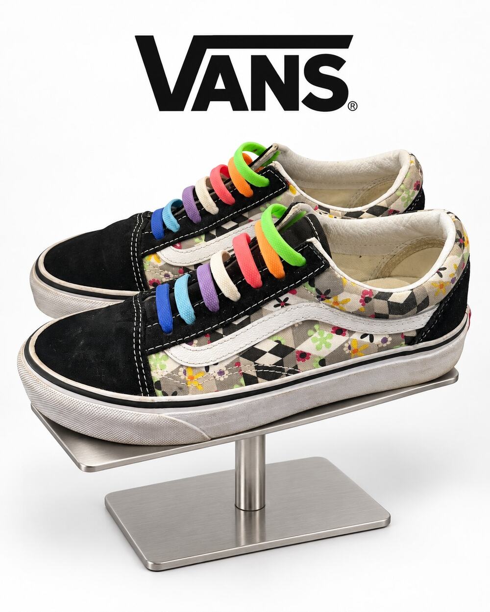 Vans Old Skool Floral Checkerboard Bright No-Tie Lace Sneakers Size 7